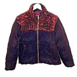 Anthropologie Maeve Puffer Jacket Size Small Vera Sequin & Velvet Maroon Red